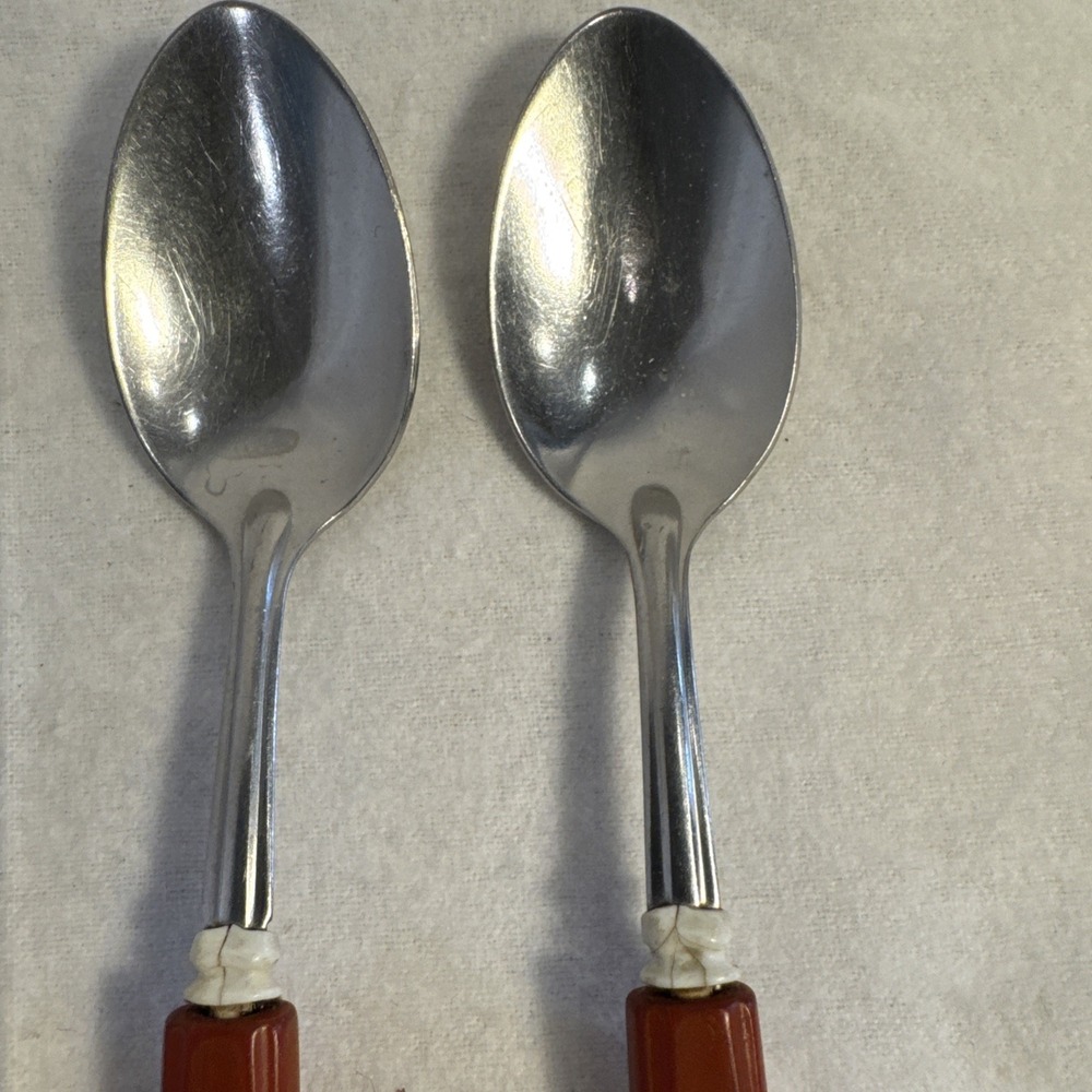 2 VTG Mid Century Table Spoon SR STANLEY ROBERT Stainless Japan Red Bakelite - Picture 3 of 5